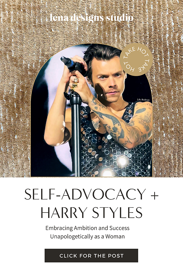 Harry Styles holding microphone and staring into the camera with the text "Self-Advocacy + Harry Styles"